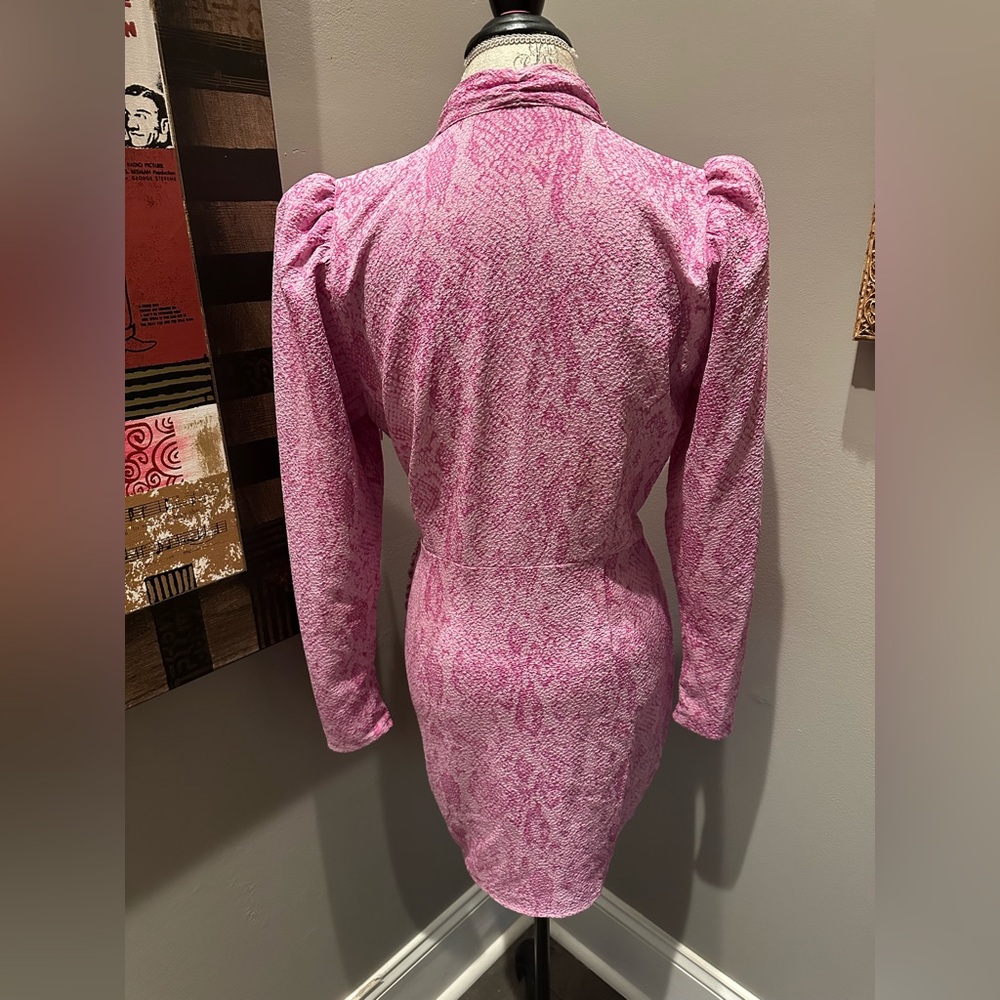 Retro 80’s Pink Puff-Sleeve Mini Dress - Snakeskin Print EUC - Picture 9 of 11